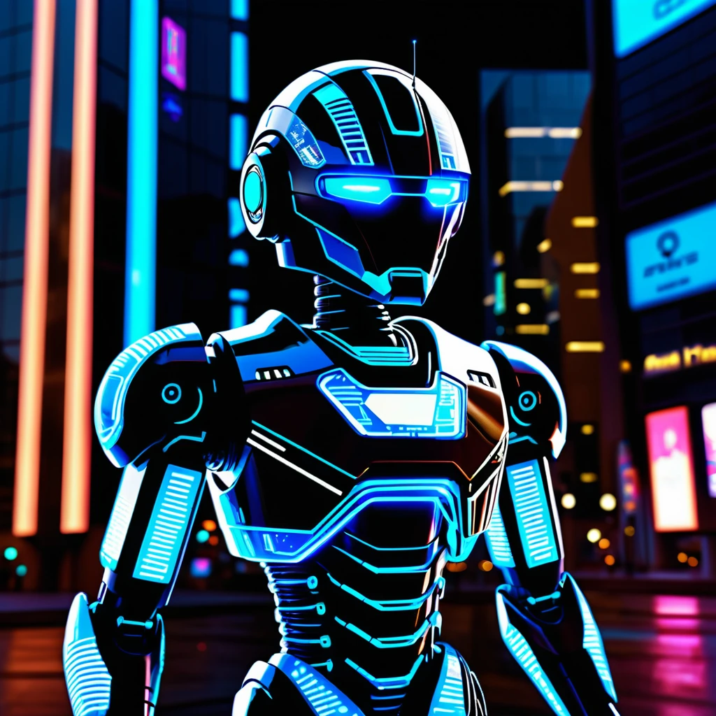 Futuristic android standing before neon lit sci fi building