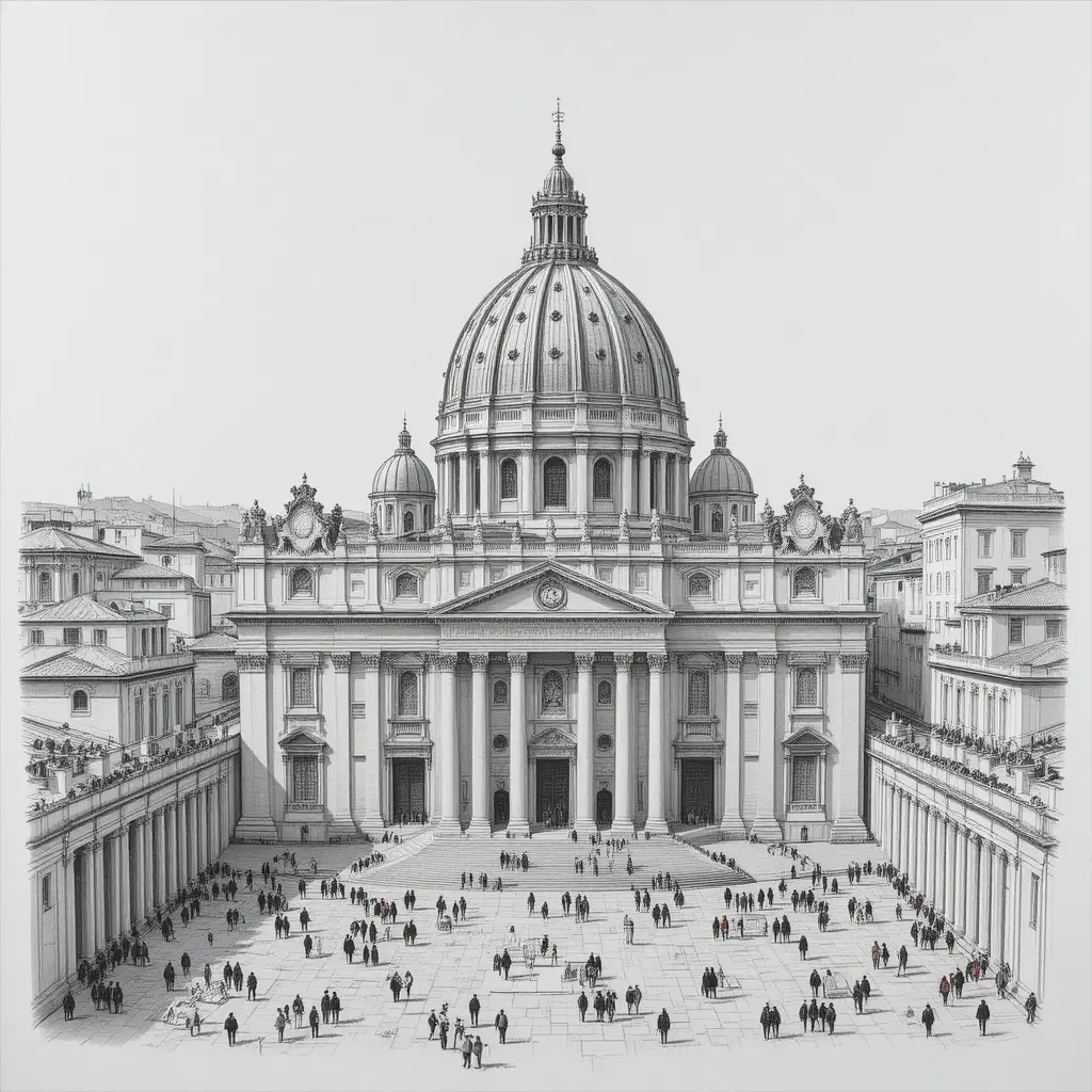 Graphite drawing of St. Peter s Basilica from the grand square