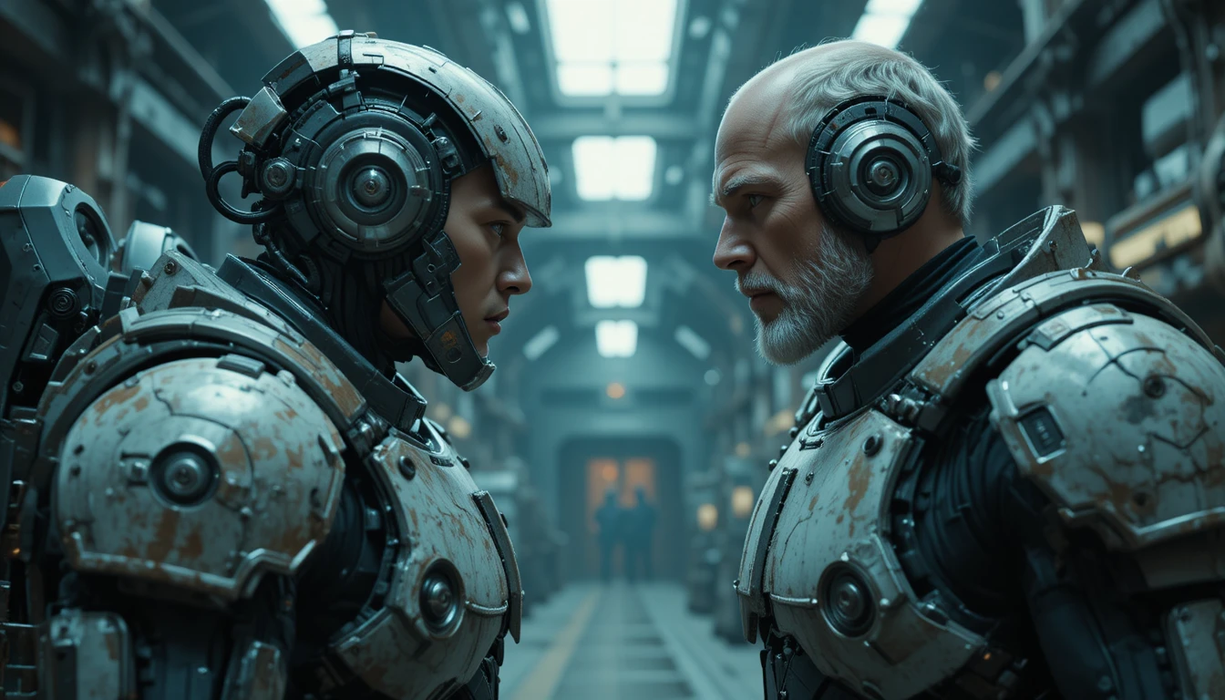 Soldados blindados se encaram em um confronto industrial futurista
