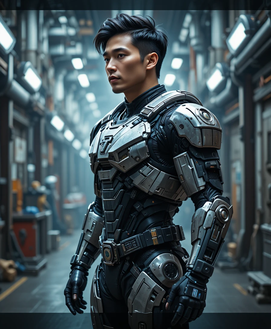 Gepanzerter asiatischer Krieger in einer futuristischen Industrieanlage