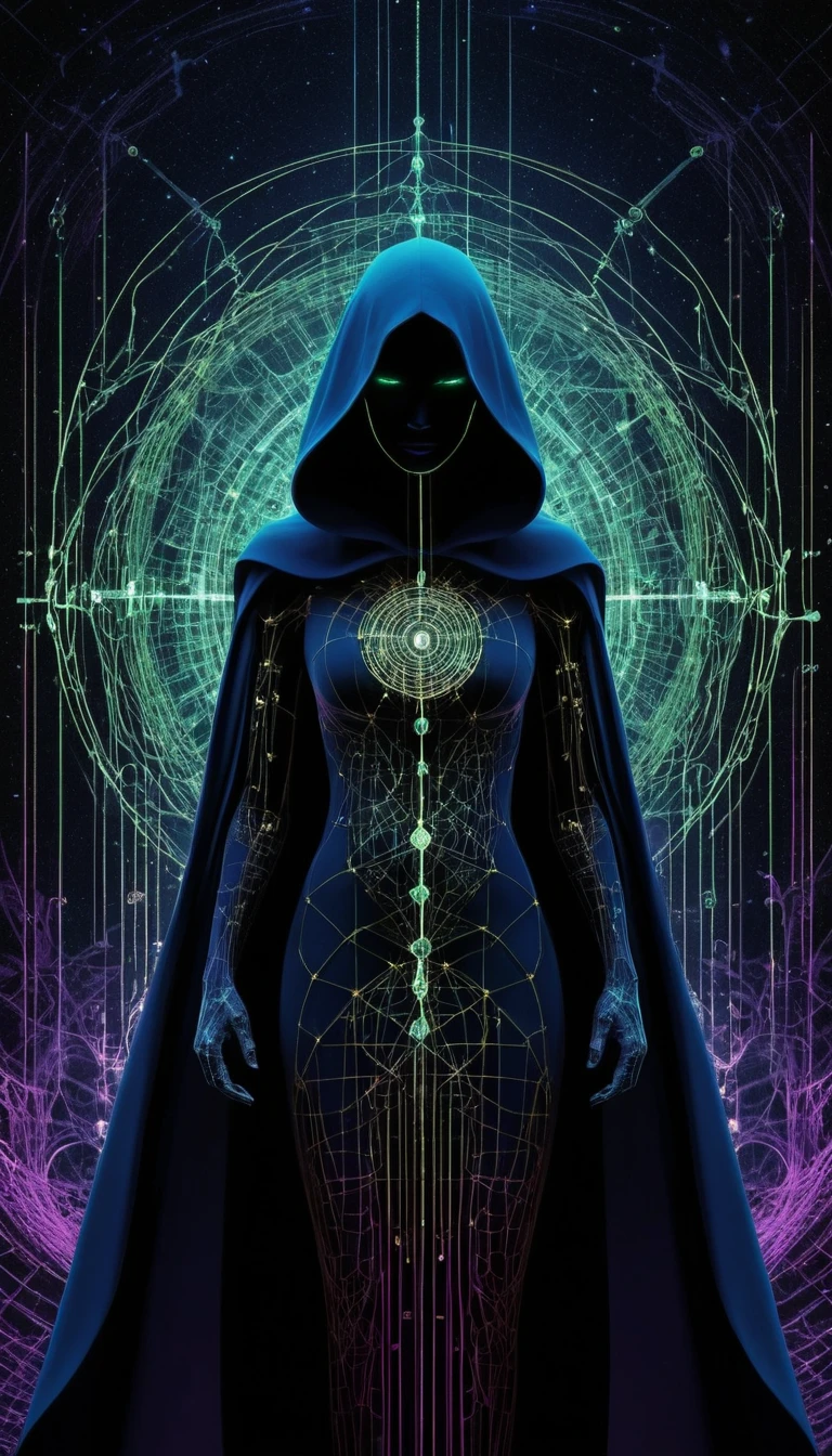 Hooded void woman formed of binary code and sacred geometry