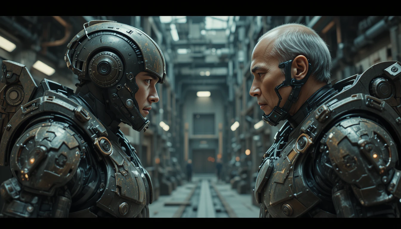 Armored soldiers in a tense standoff in industrial interior