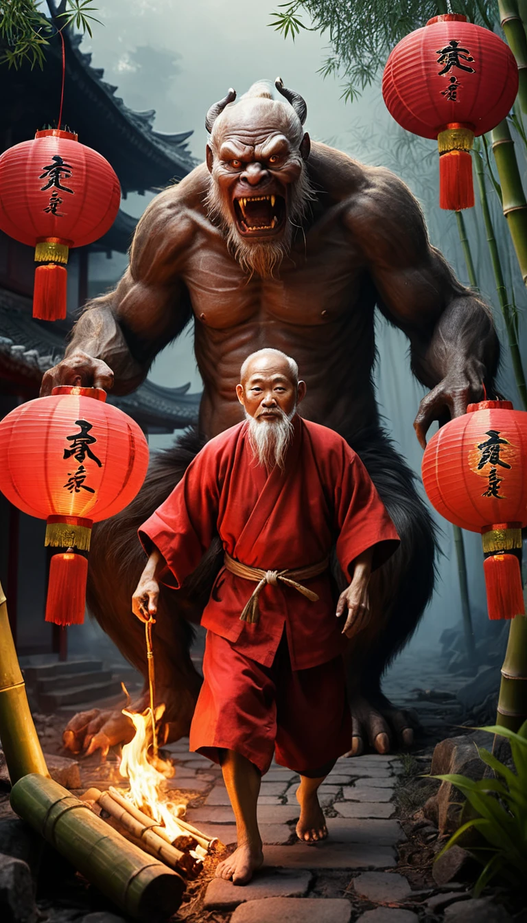 Aterrador monstruo Nian atacando una aldea china