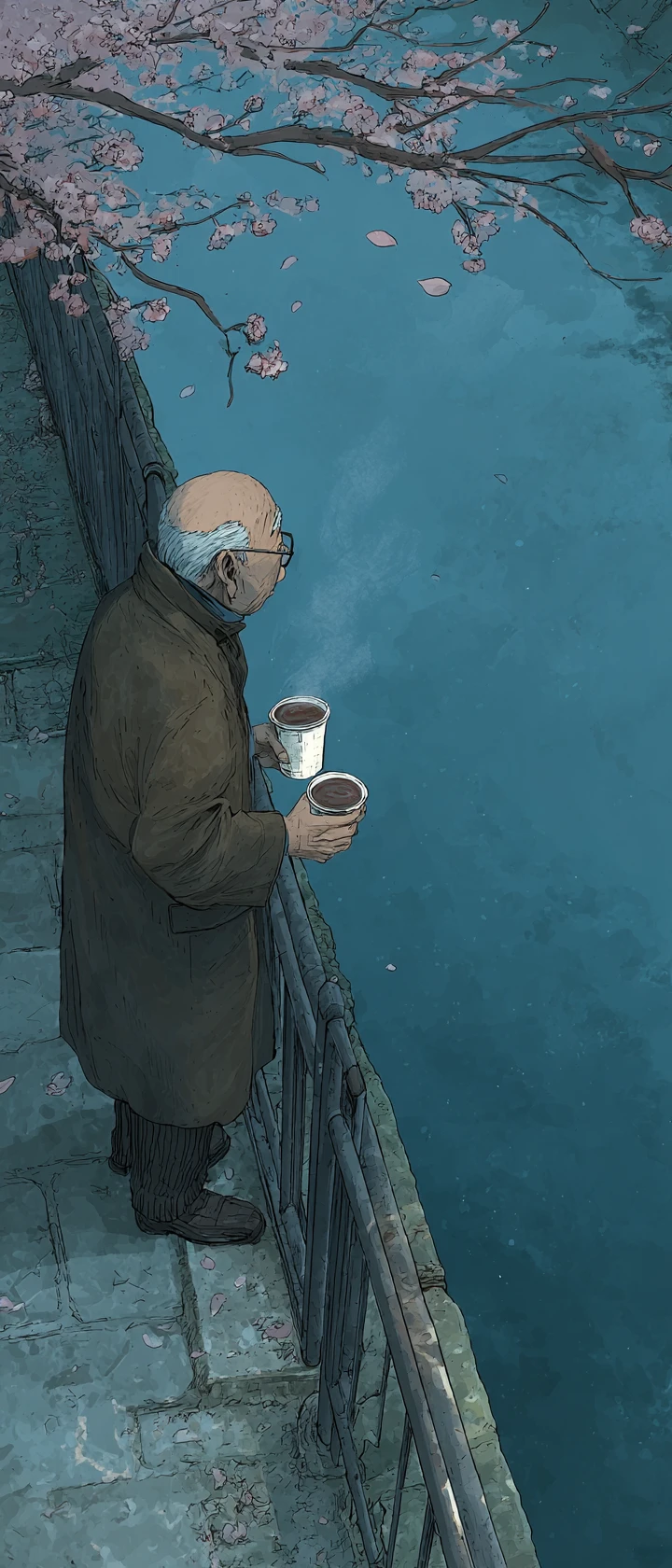 Elderly man waiting with two coffees by quiet riverside