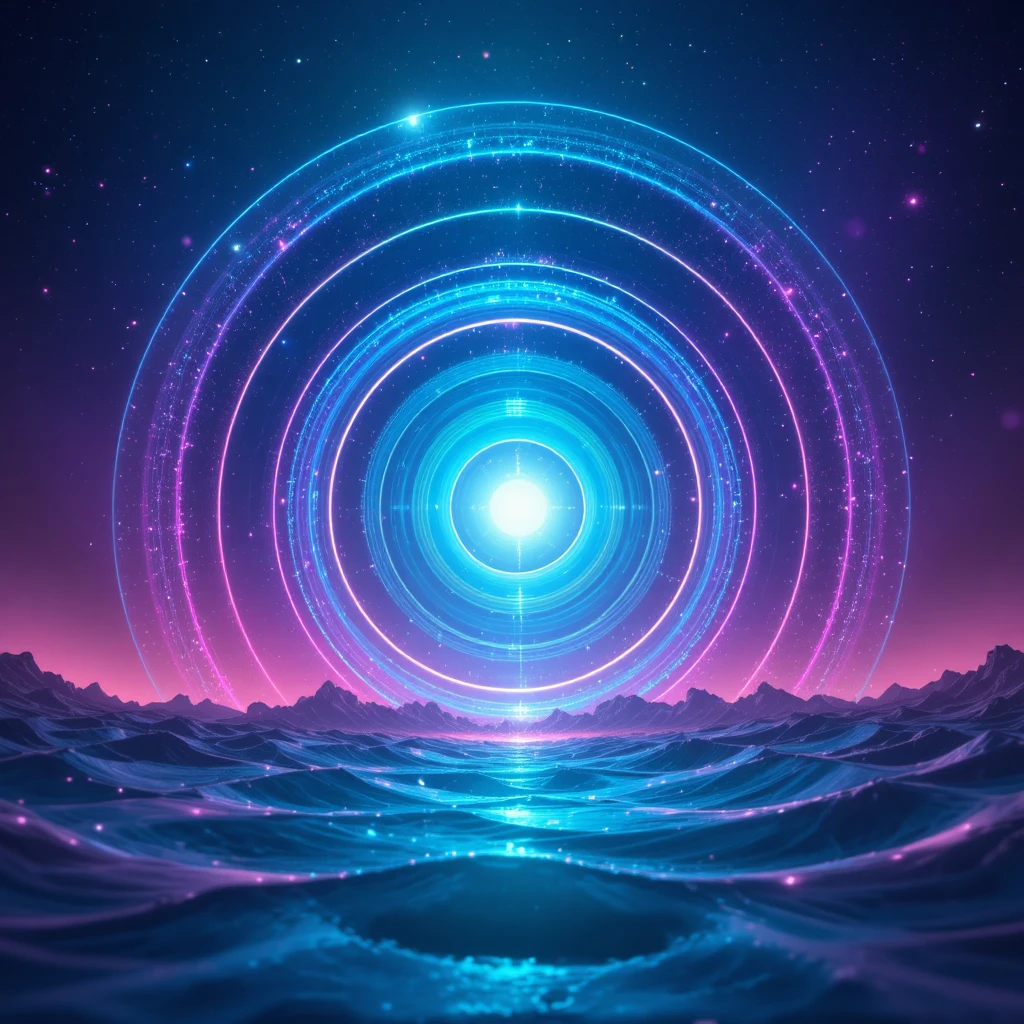 Cosmic concentric energy waves around a glowing turquoise core