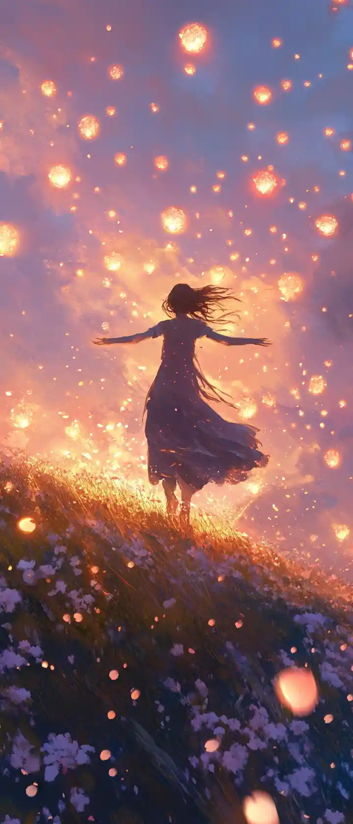 Giovane donna che abbraccia il vento su una collina di fiori luminosi