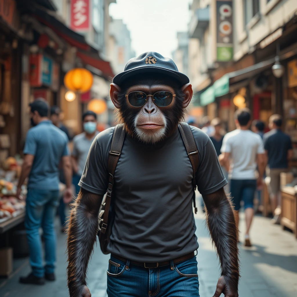 Stylish monkey walking through a busy city street market