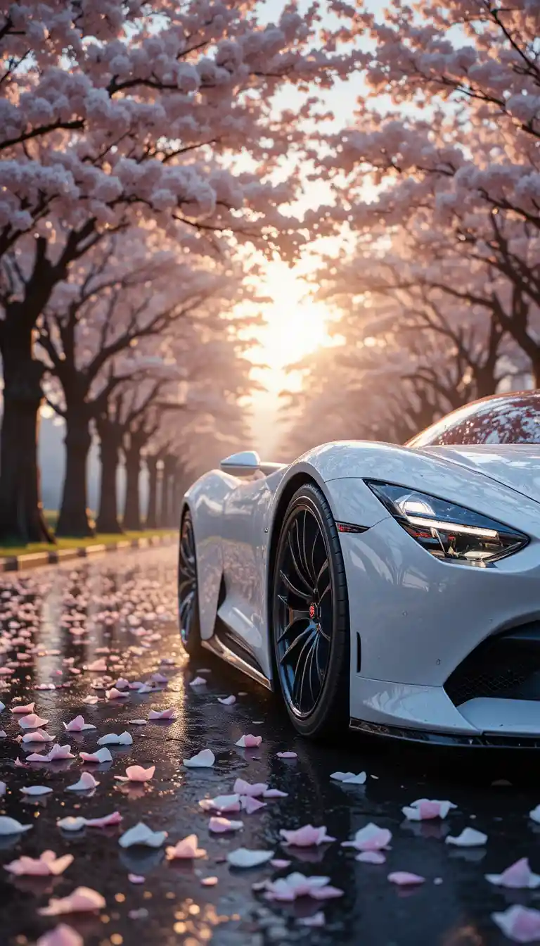 Futuristic white supercar under cherry blossoms at sunset