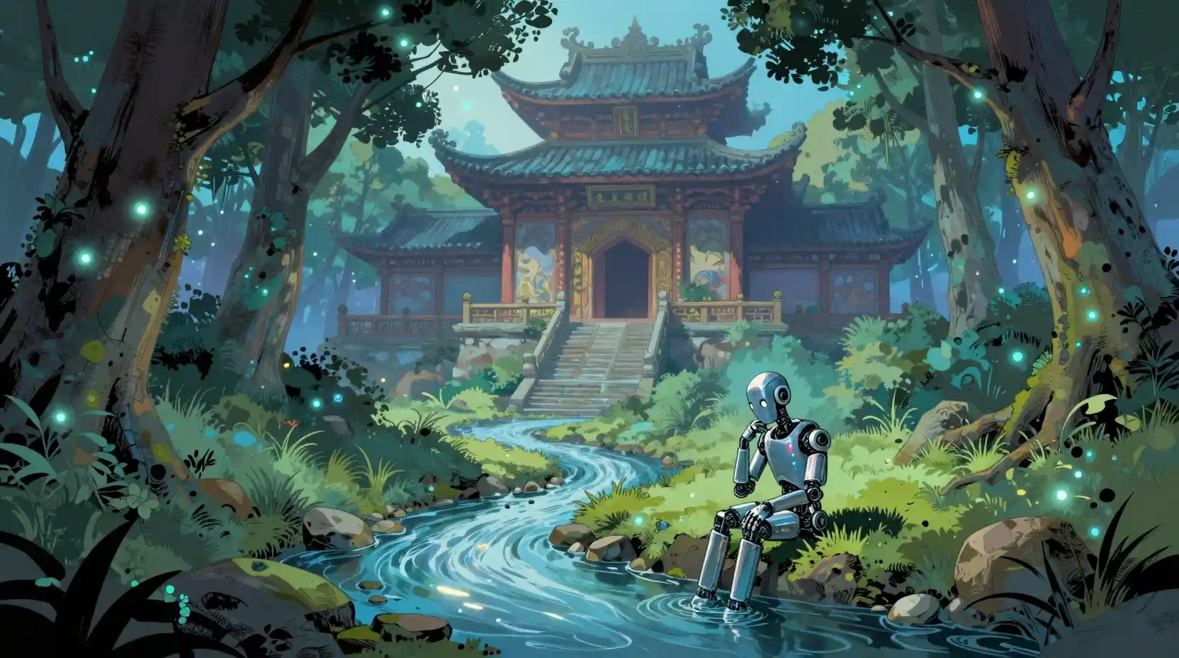 Robot Meditating By A Temple In A Glowing Fantasy Forest