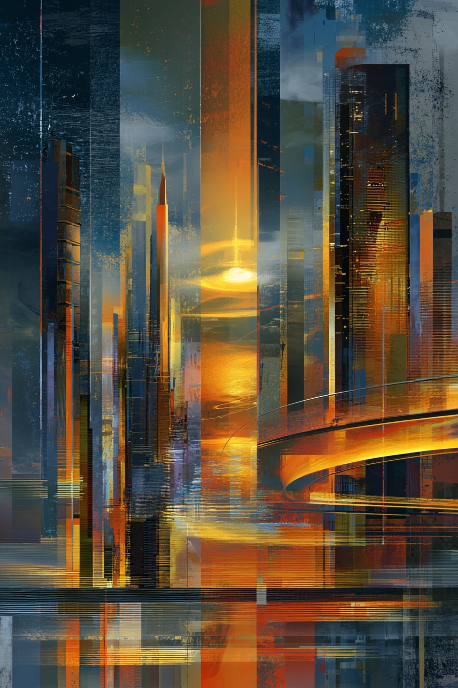Metrópole futurista ao pôr do sol com horizonte neon brilhante