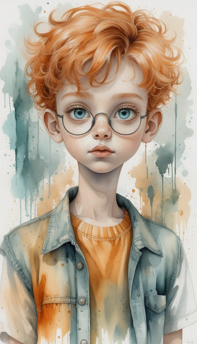 Retrato en acuarela de un niño pelirrojo con pecas y gafas