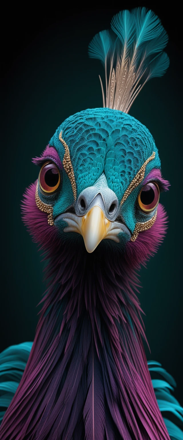 Retrato lateral de un majestuoso pavo real con plumaje iridiscente y joyas de color