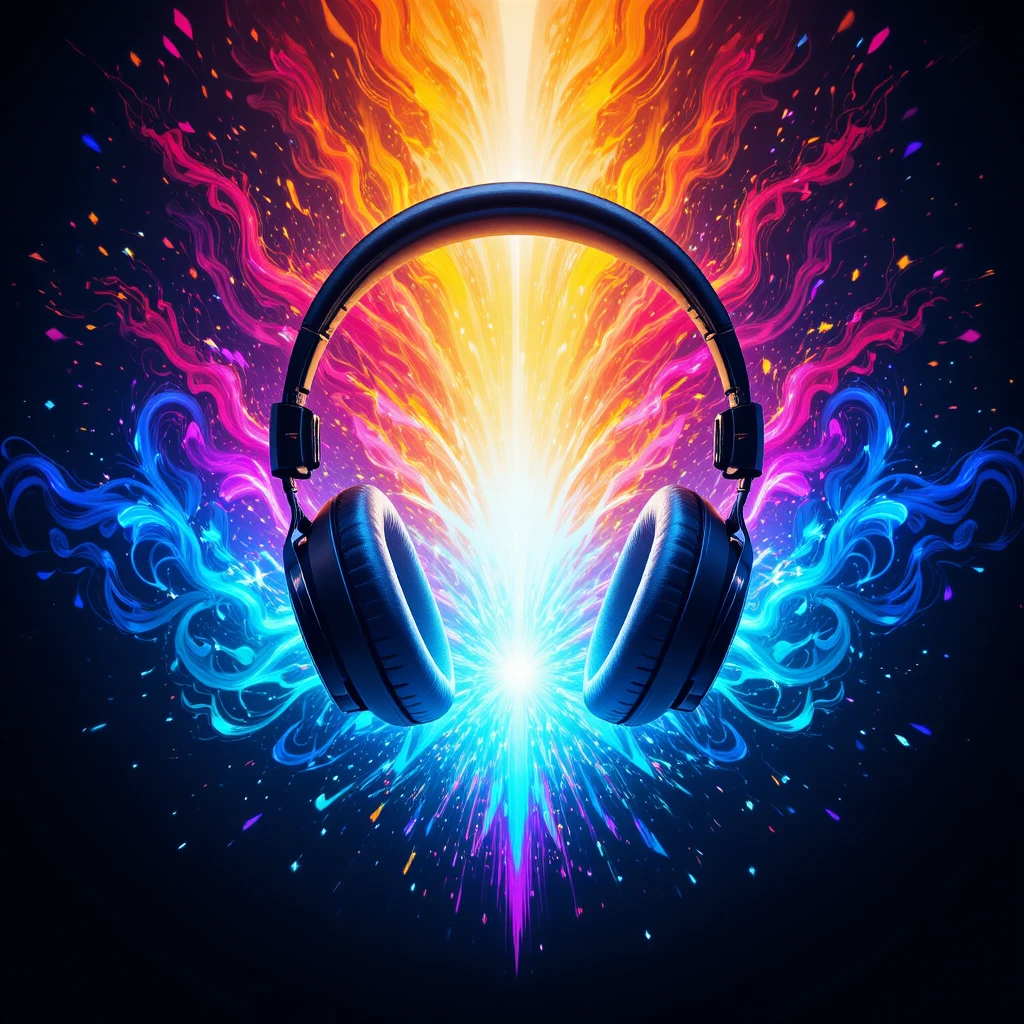 Psychedelic gradient icon with glowing headphone silhouette