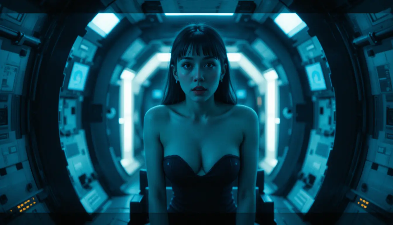 Woman in a tense futuristic room under cold cinematic light