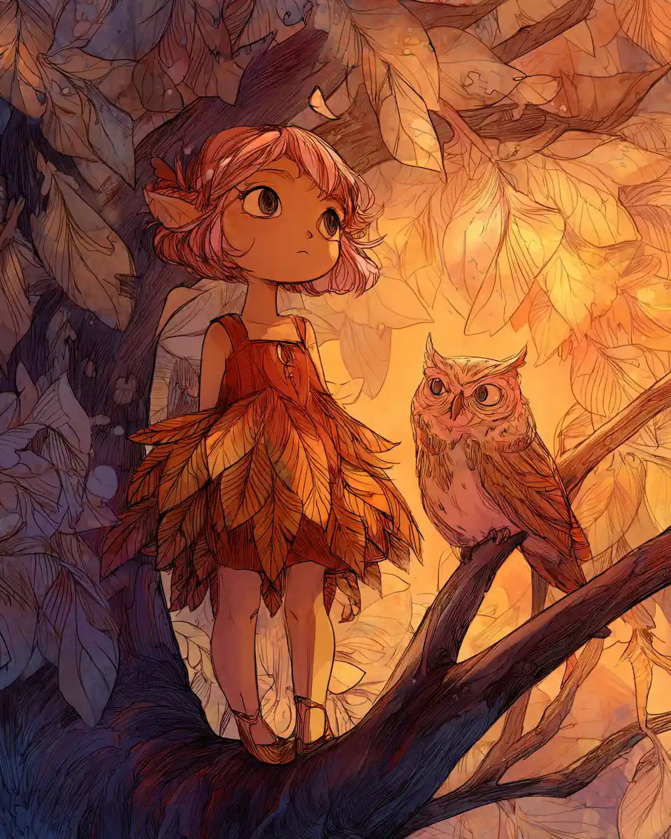 Autumn fairy child under oak tree at warm dusk