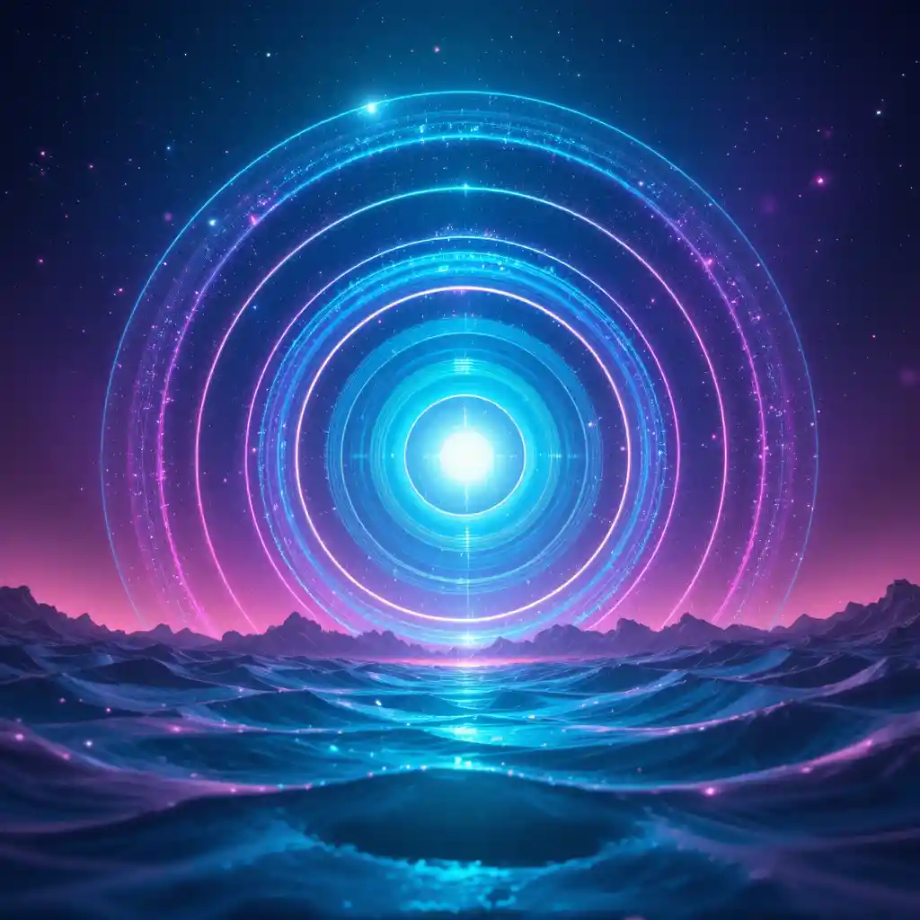 Cosmic concentric energy waves around a glowing turquoise core