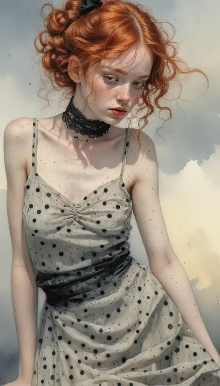 Freckled red haired girl in yellow dress with choker