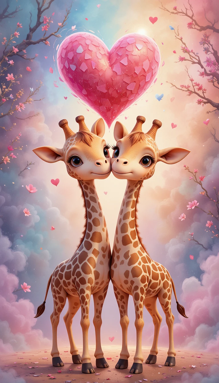Two giraffes with intertwined necks under a watercolor heart