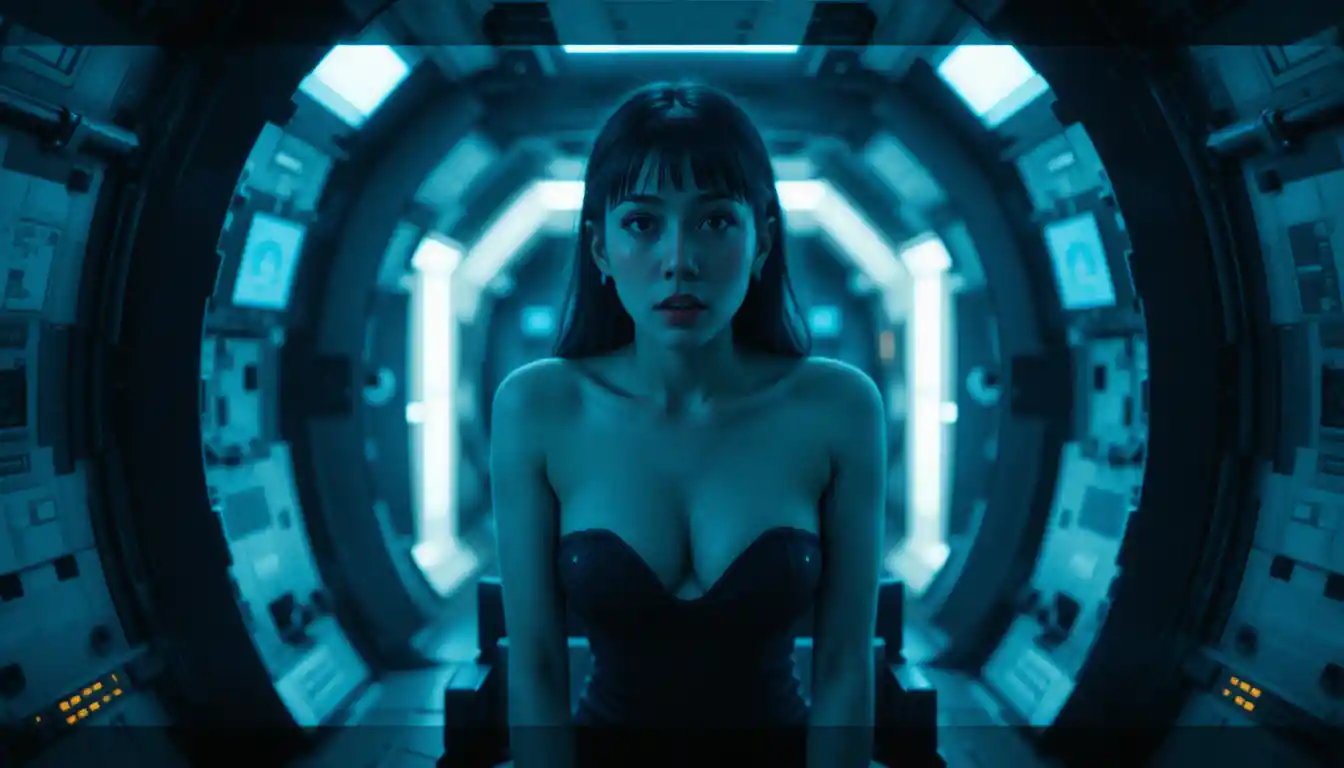 Mujer en una sala futurista tensa bajo una fría luz cinematográfica