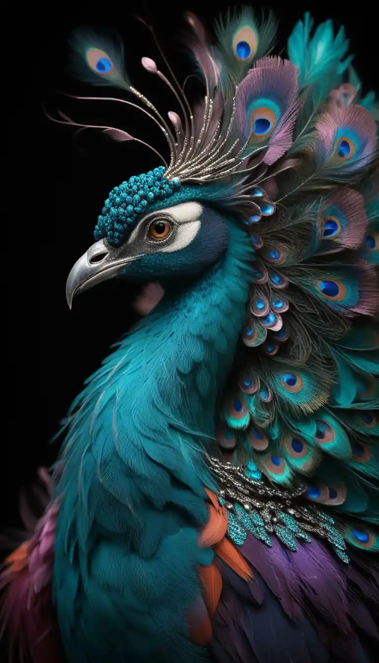 Majestic peacock side portrait with iridescent jewel like plumage