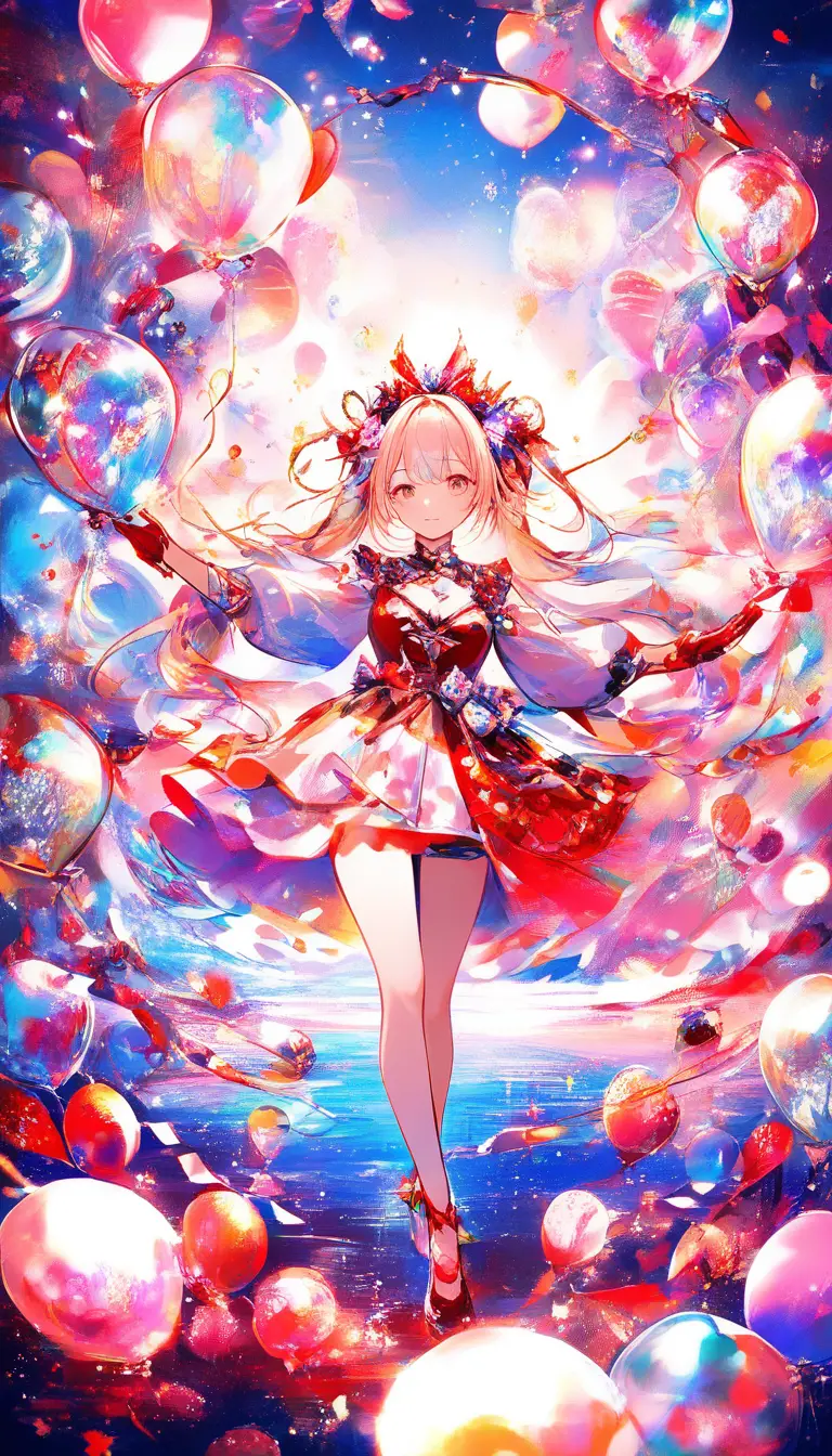 紅白氣球中的舞動少女水彩場景
