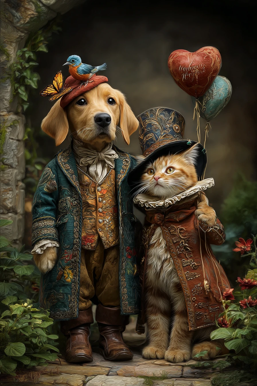Gatos y perros románticos de San Valentín en arte digital juguetón