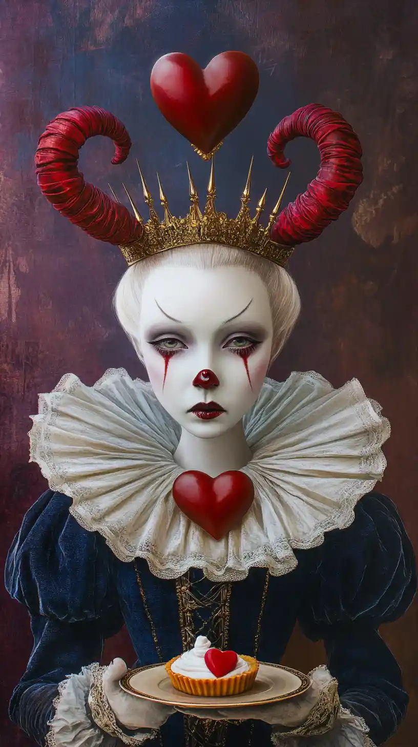 Retrato melancólico da rainha de copas com coroa ornamentada e torta