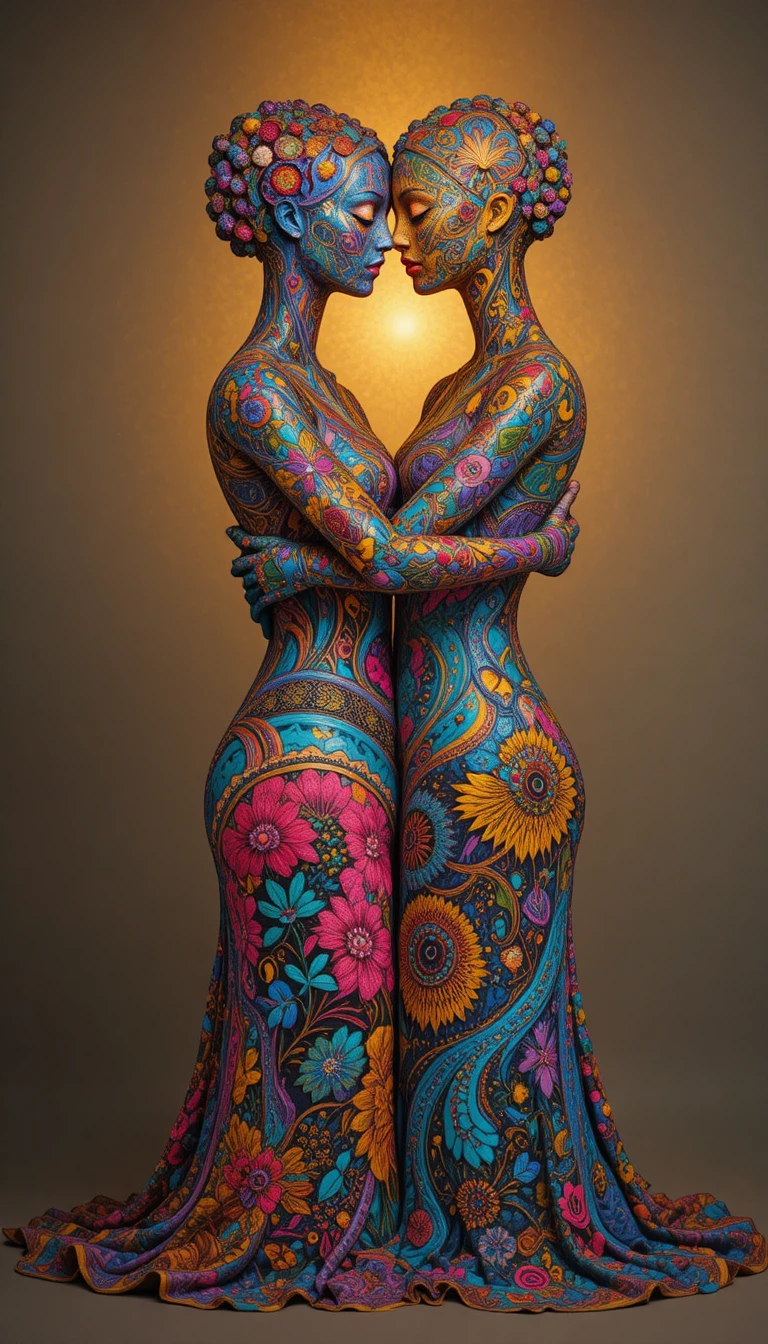 Figuras abstractas en abrazo tejidas con patrones textiles de todo el mundo