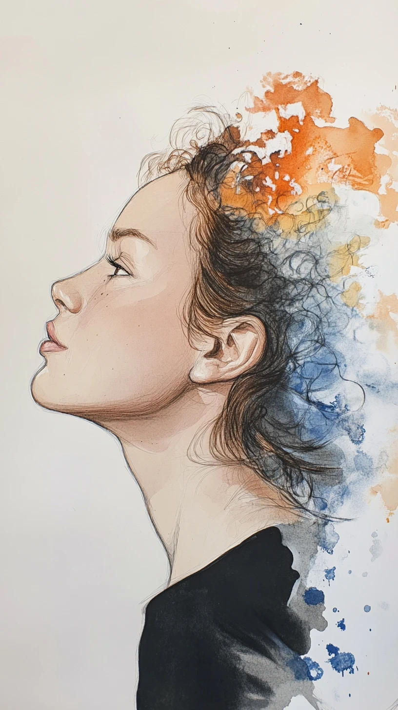 Profile portrait of young woman in flowing watercolor drapery