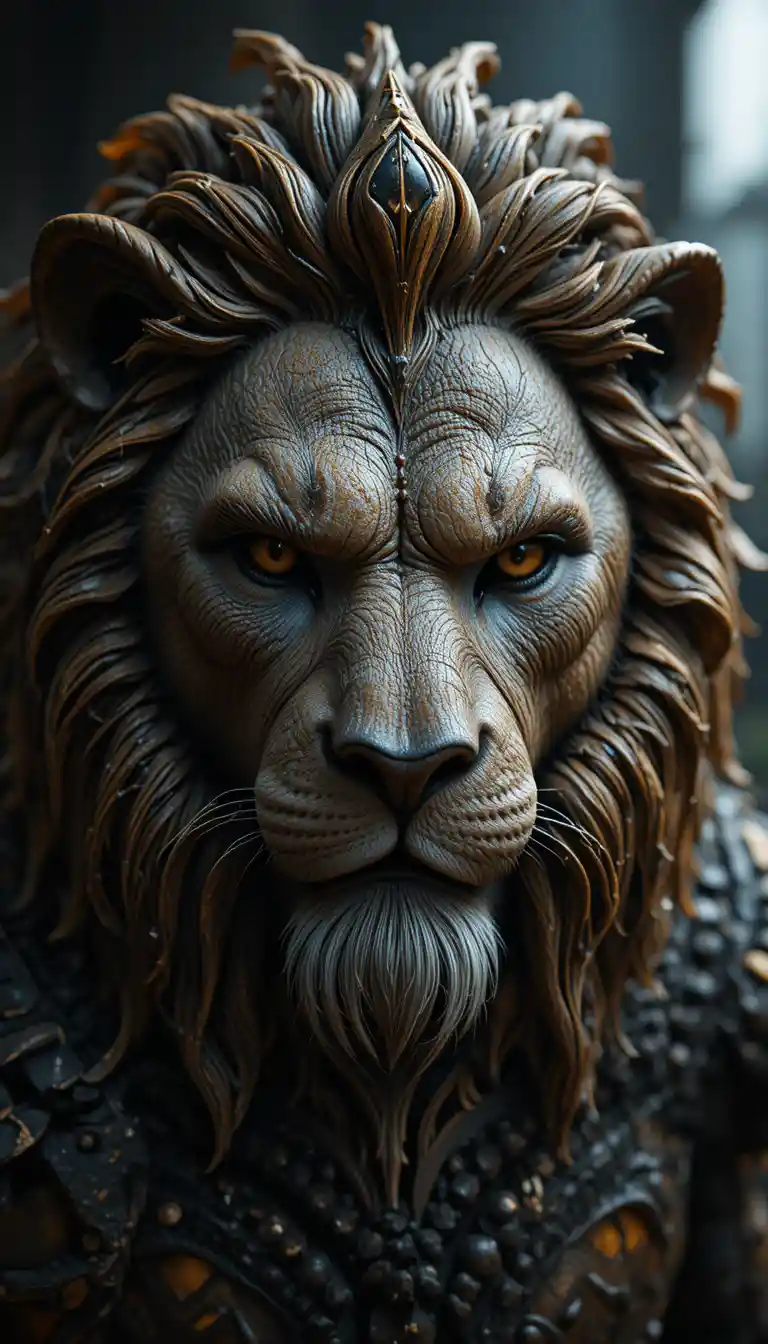Close up cgi lion head with intricate carved details