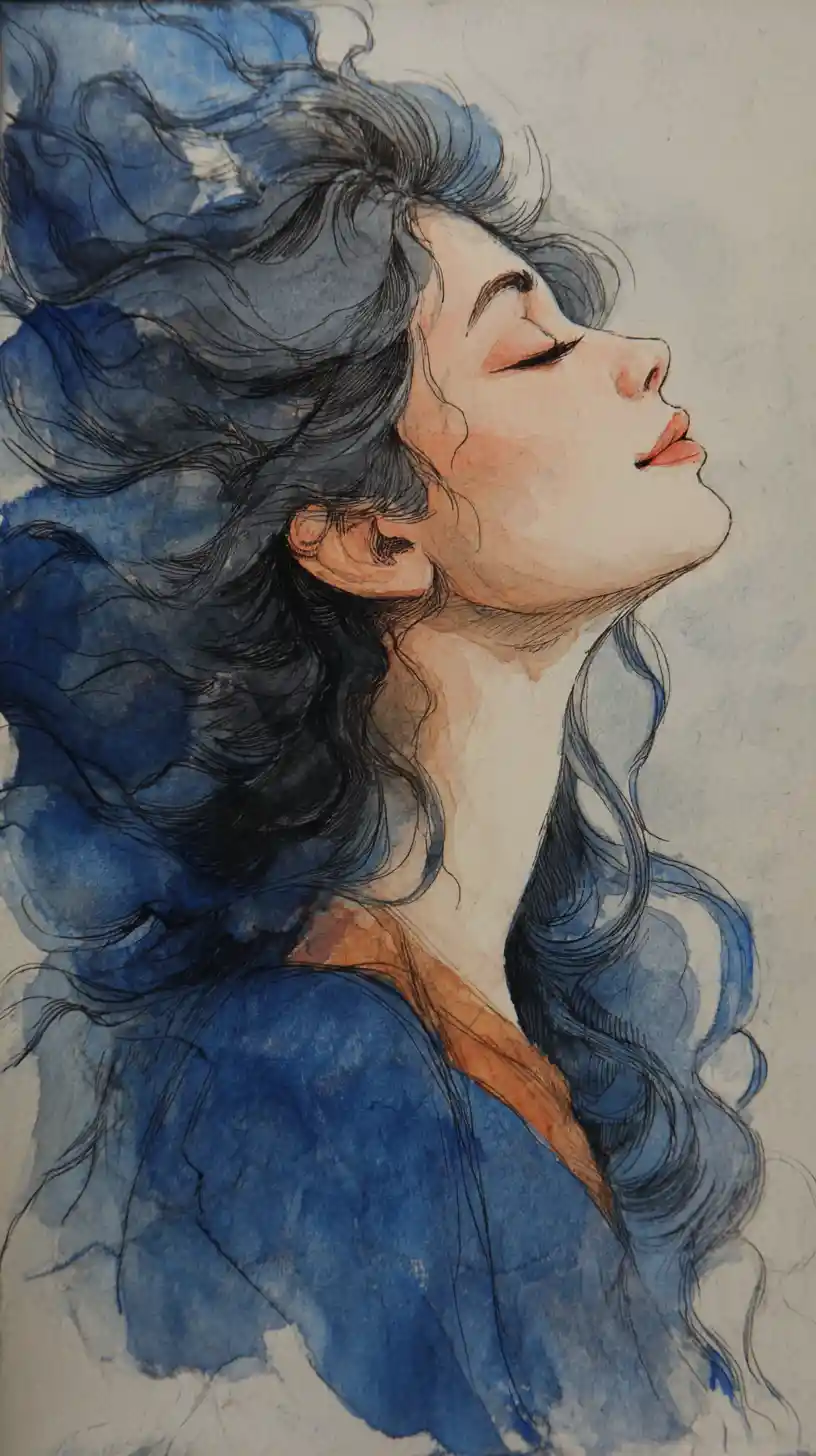 Watercolor profile portrait of a young woman in ecstasy