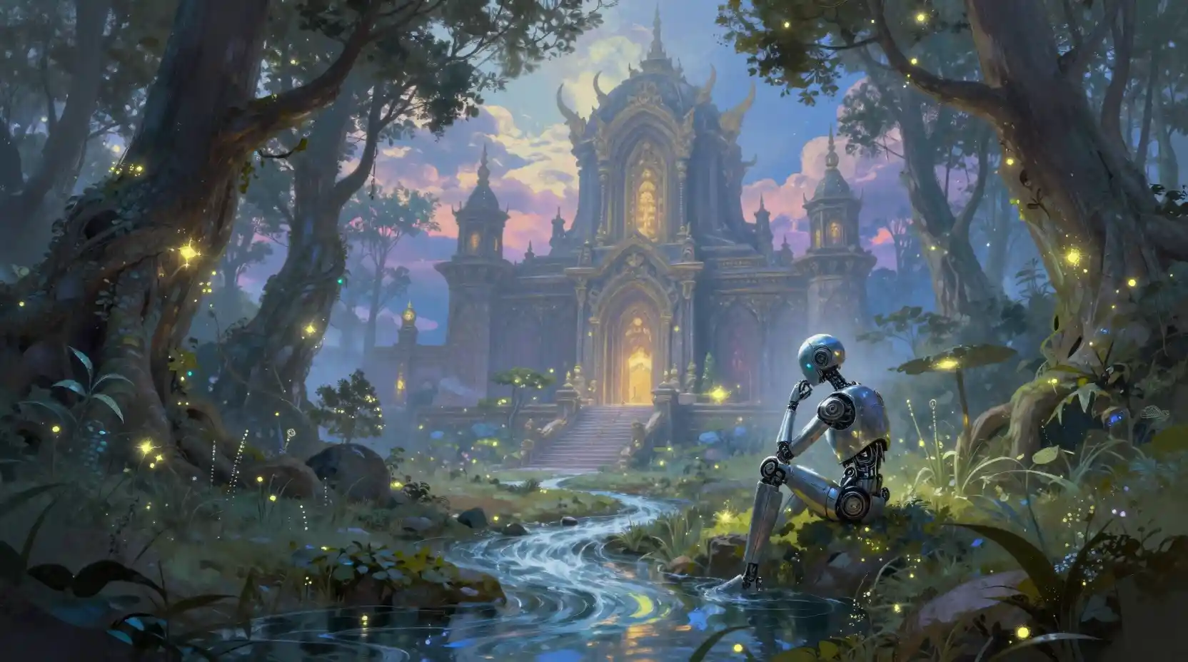 Contemplative robot by ancient temple in glowing forest
