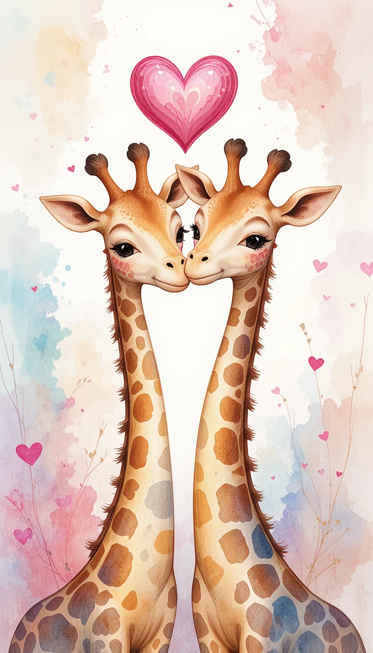 Two cute giraffes with intertwined necks and heart above