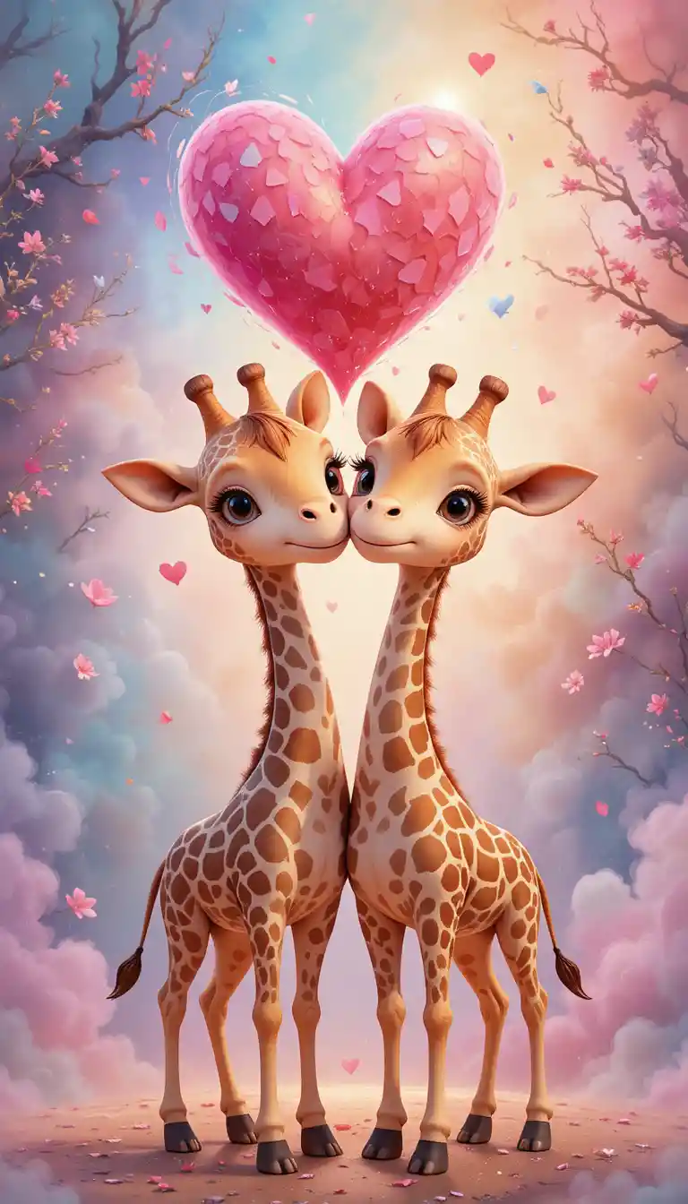 Two giraffes with intertwined necks under a watercolor heart