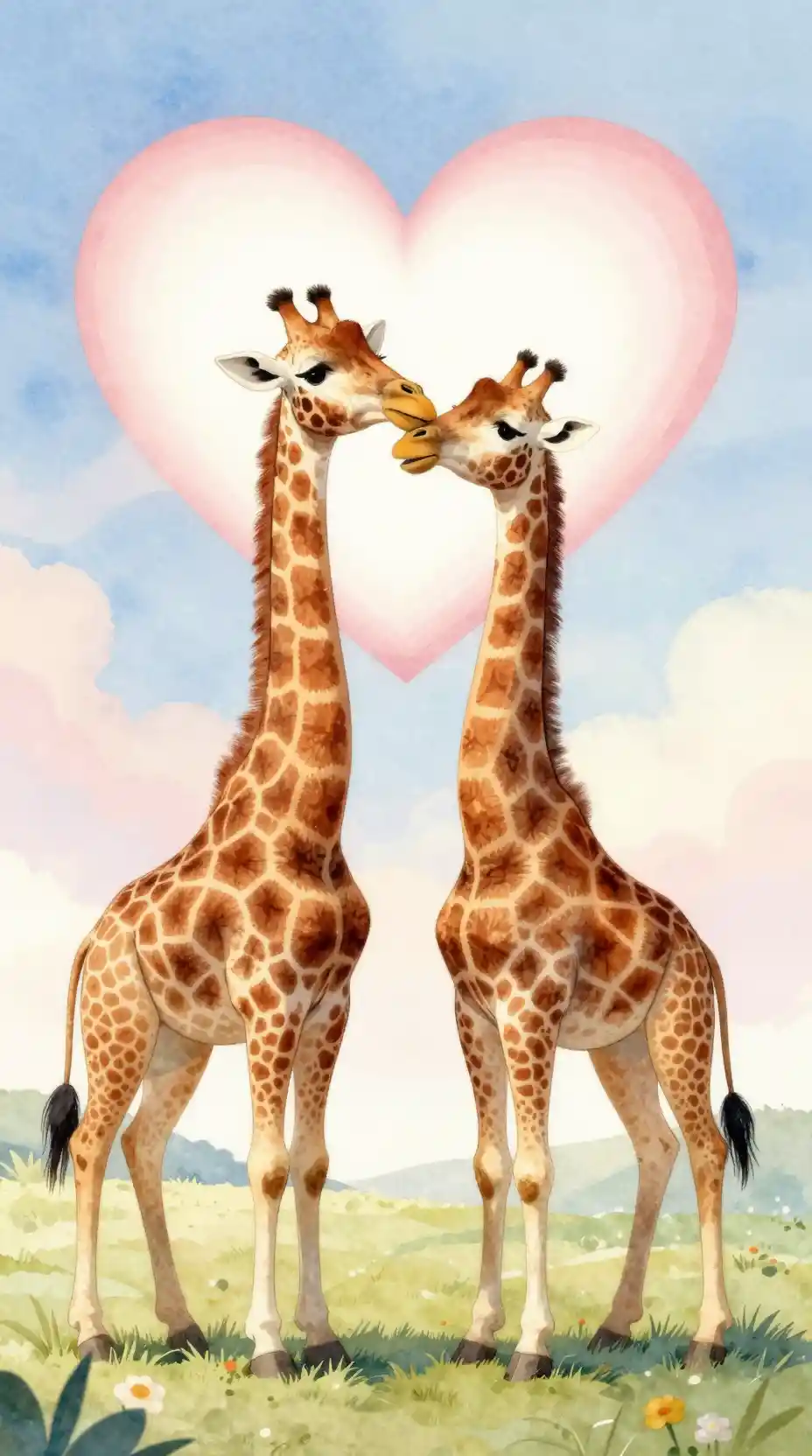Two giraffes with intertwined necks under a heart
