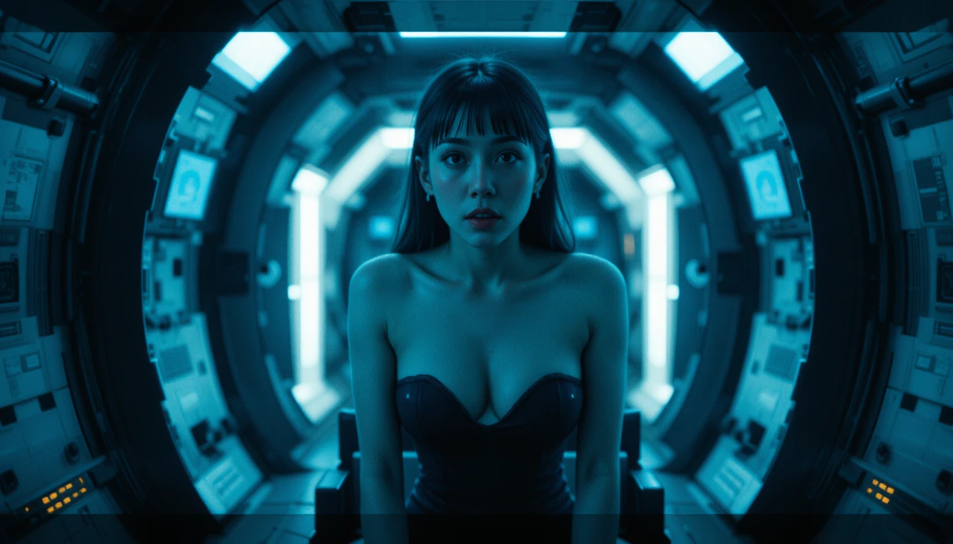 Frau in einem angespannten futuristischen Raum unter kaltem kinoreifem Licht