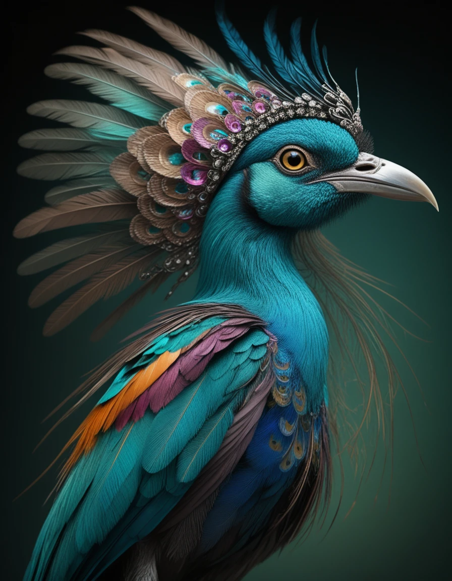 Primer plano de un majestuoso pavo real en dramático retrato de perfil lateral