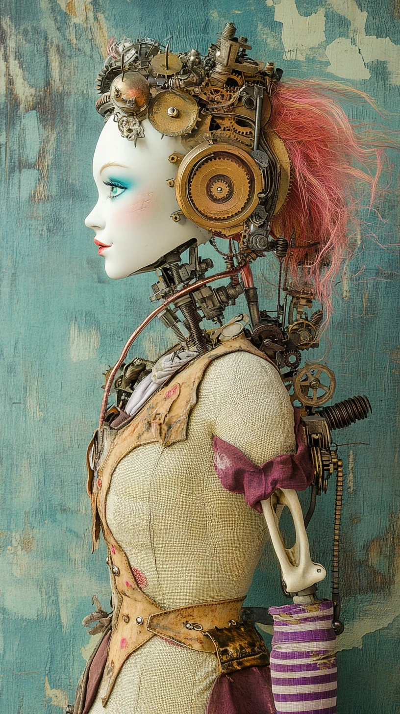 Steampunk-Gothic-Ragdoll-Frau im mechanischen Seitenprofil