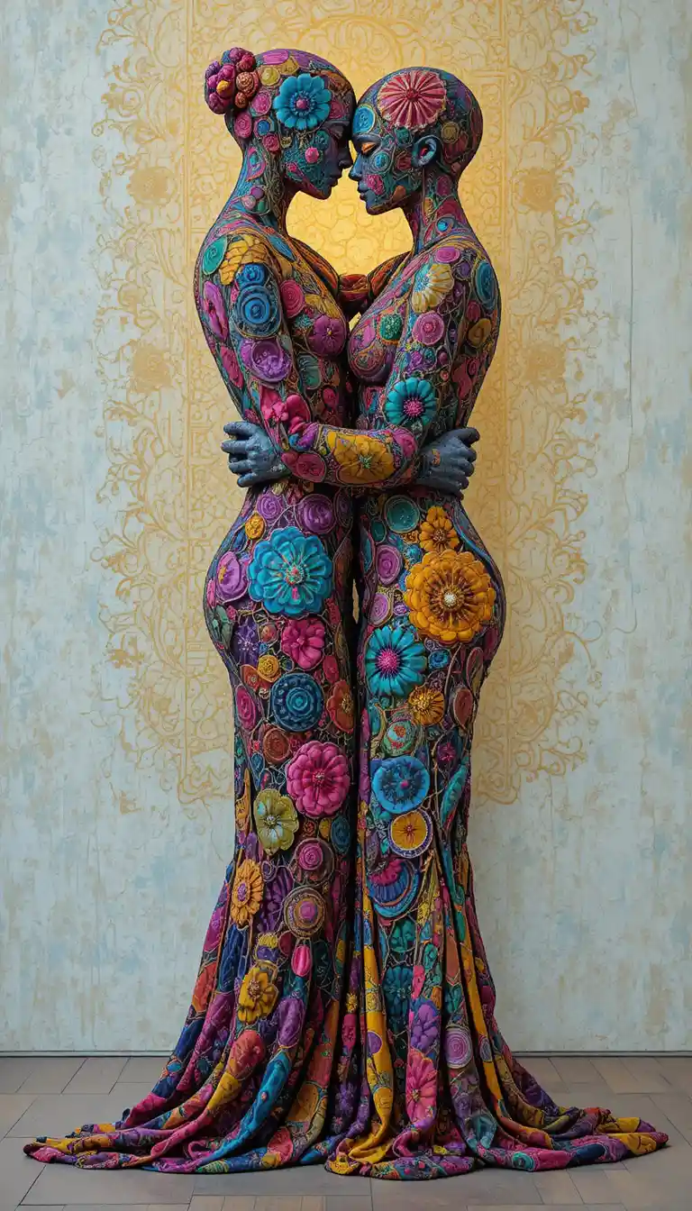 Embracing abstract figures woven from global textile patterns