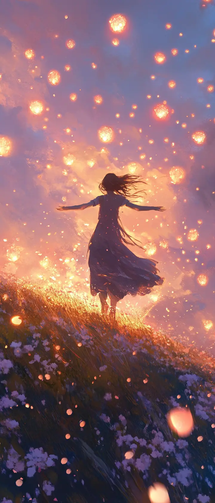 Young woman embracing the wind on a glowing blossom hill