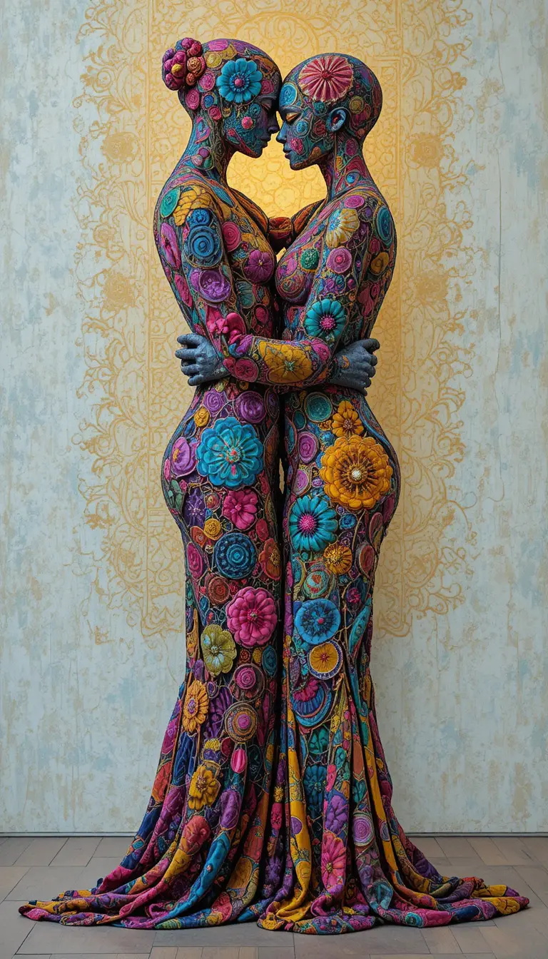 Embracing abstract figures woven from global textile patterns