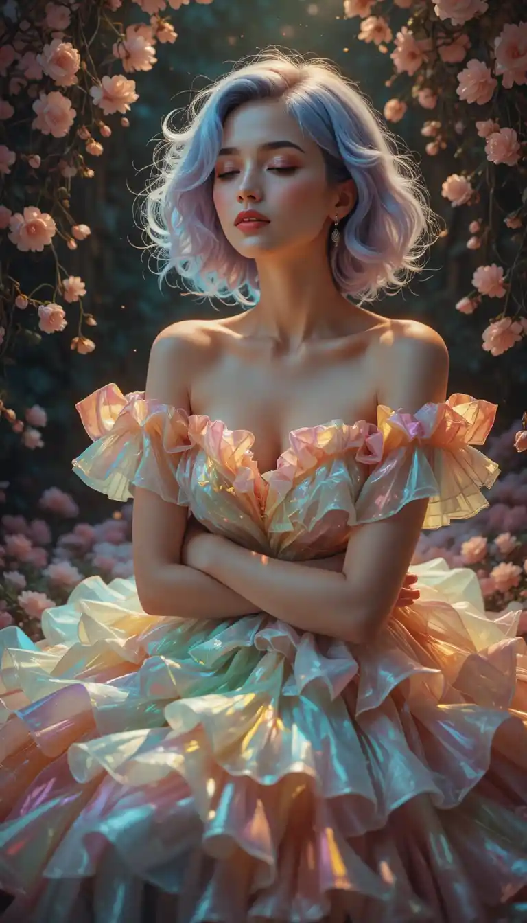 ピンクの花に包まれた虹色のフリルドレスの穏やかな女性