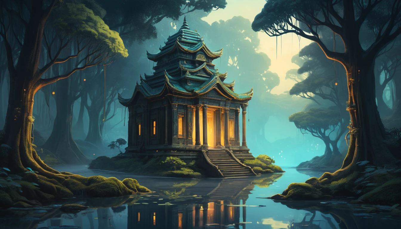 Contemplative robot by ancient temple at twilight stream