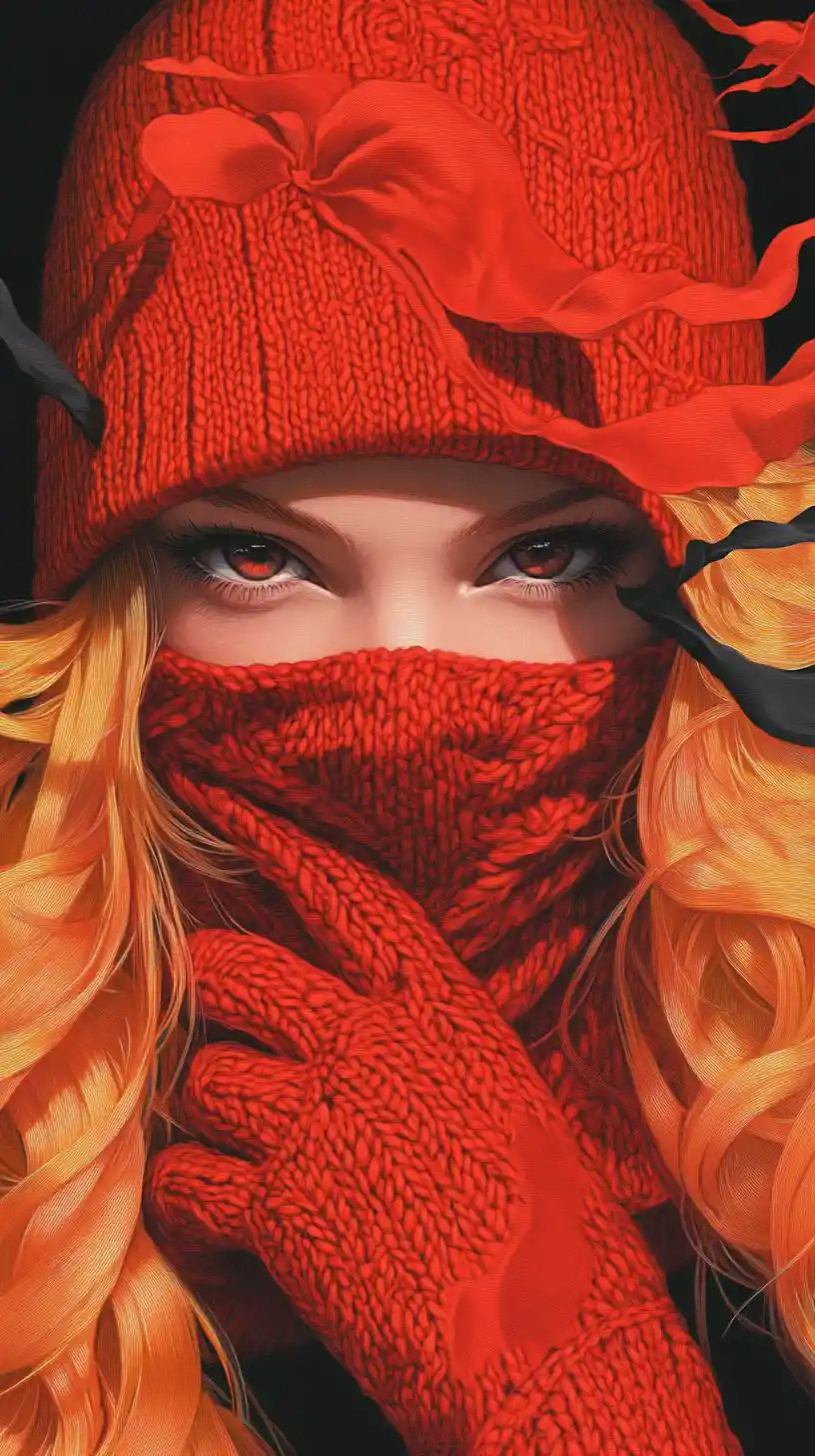Surreal red haired woman in blindfolded balaclava portrait