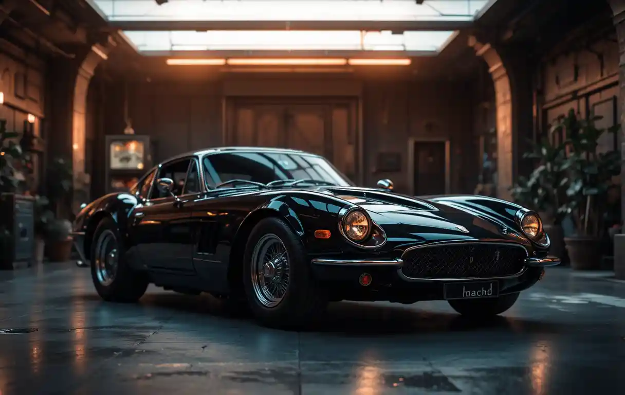 Porträt eines Oldtimers in einer dunklen futuristischen Garage
