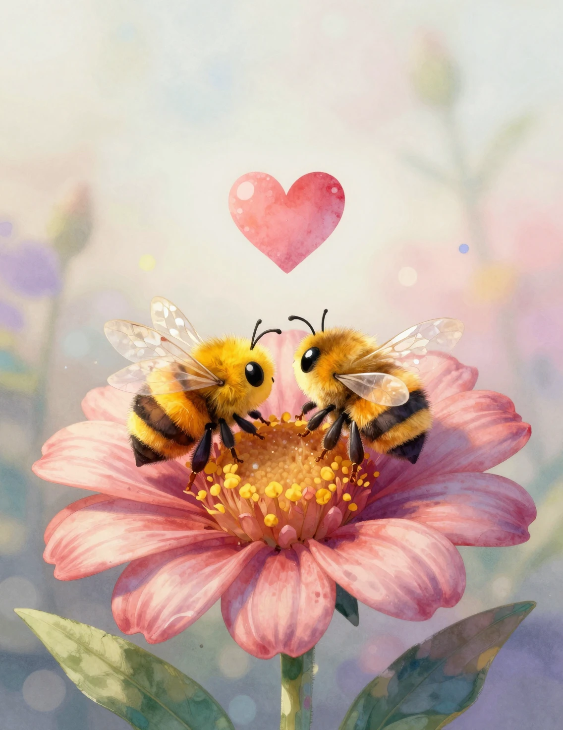 Duas abelhas fofas se abraçando ao lado de uma flor brilhante de Dia dos Namorados