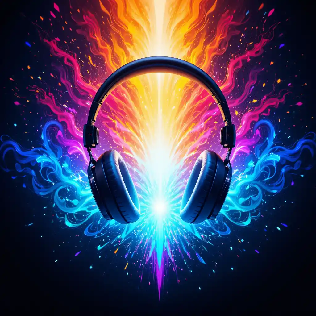 Psychedelic gradient icon with glowing headphone silhouette