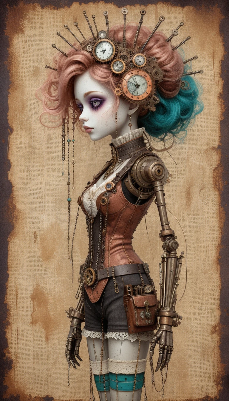 Steampunk gothic ragdoll in ornate side profile portrait