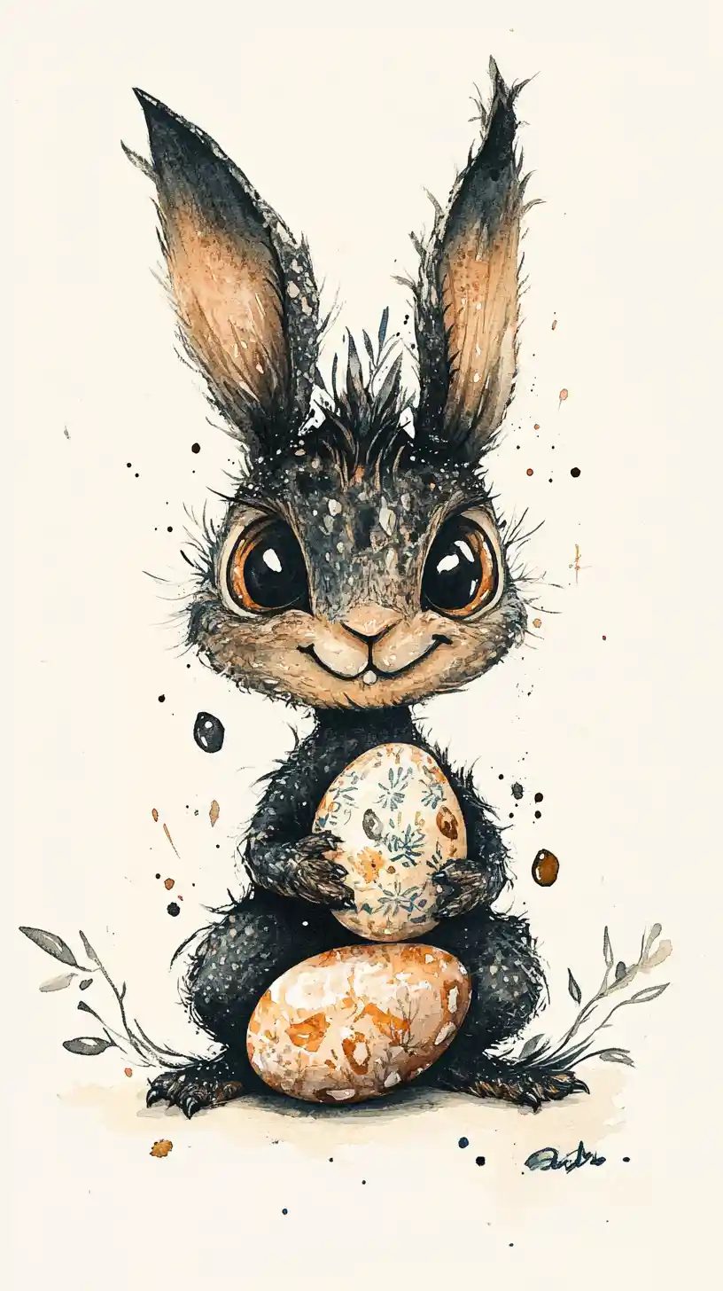 Dreamy watercolor rabbit with Easter egg on white background