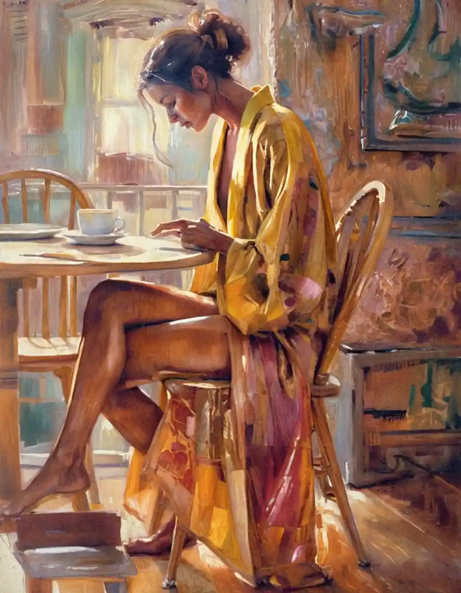Young woman reading in a warm impressionist interior